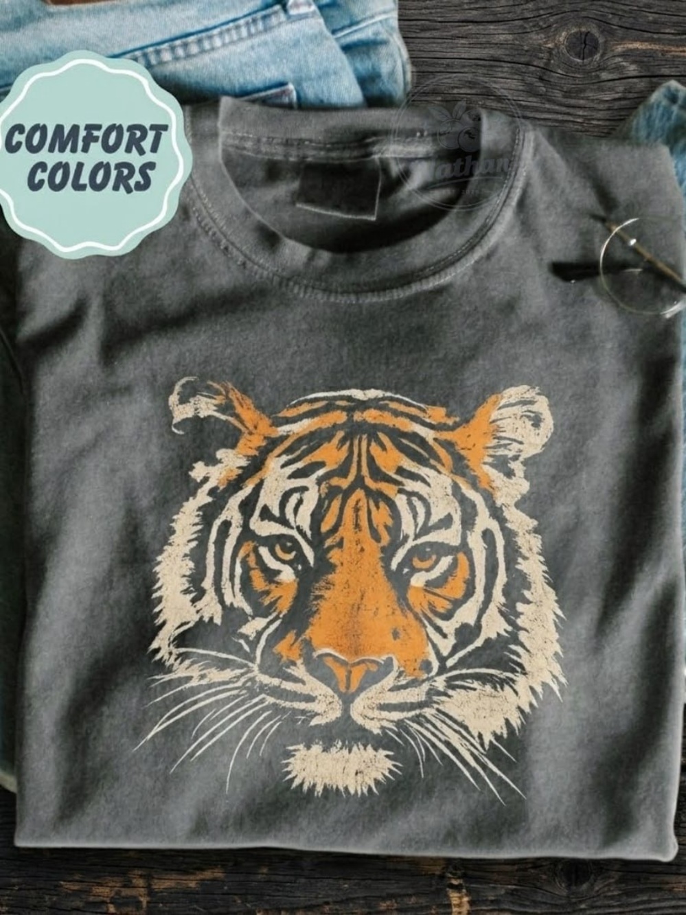 Comfort Colors Pepper Tee with Orange & Cream Tiger Graphic